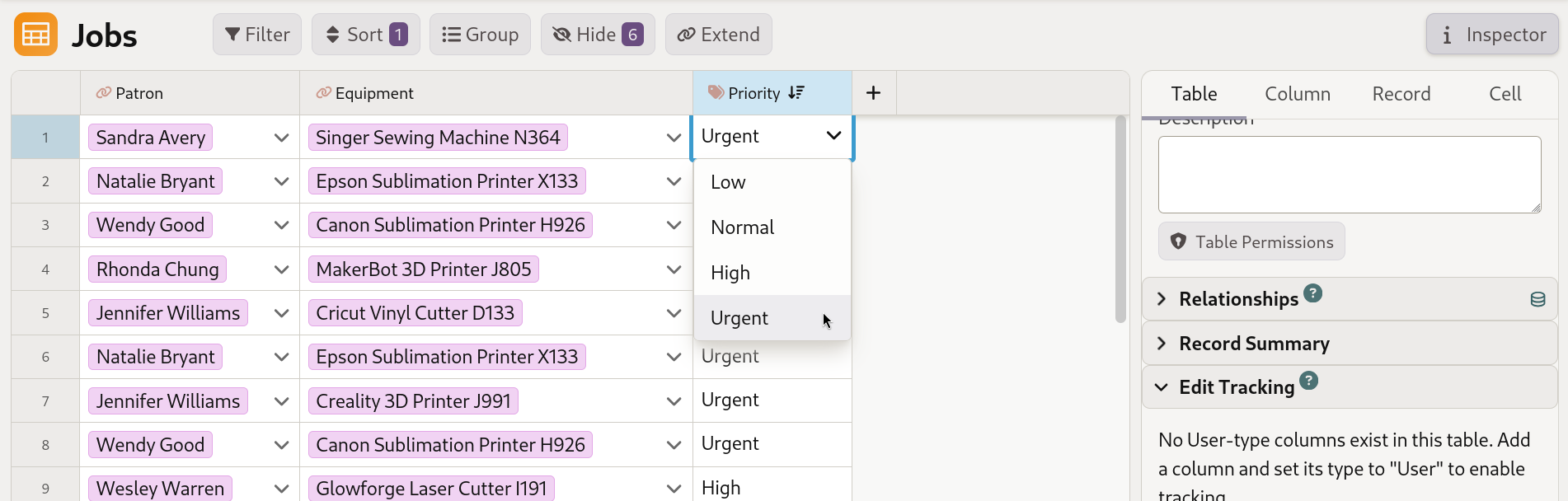Mathesar table view showing a PostgreSQL enum column edited through a dropdown of valid values.
