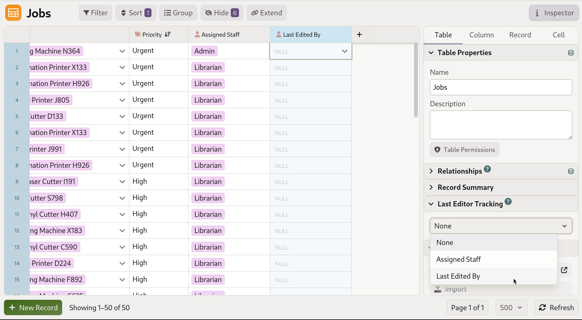 Mathesar table inspector showing configuration for last-editor tracking using a User column.