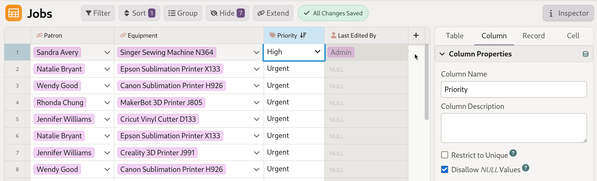 Mathesar table showing a last-edited-by column populated automatically after edits.