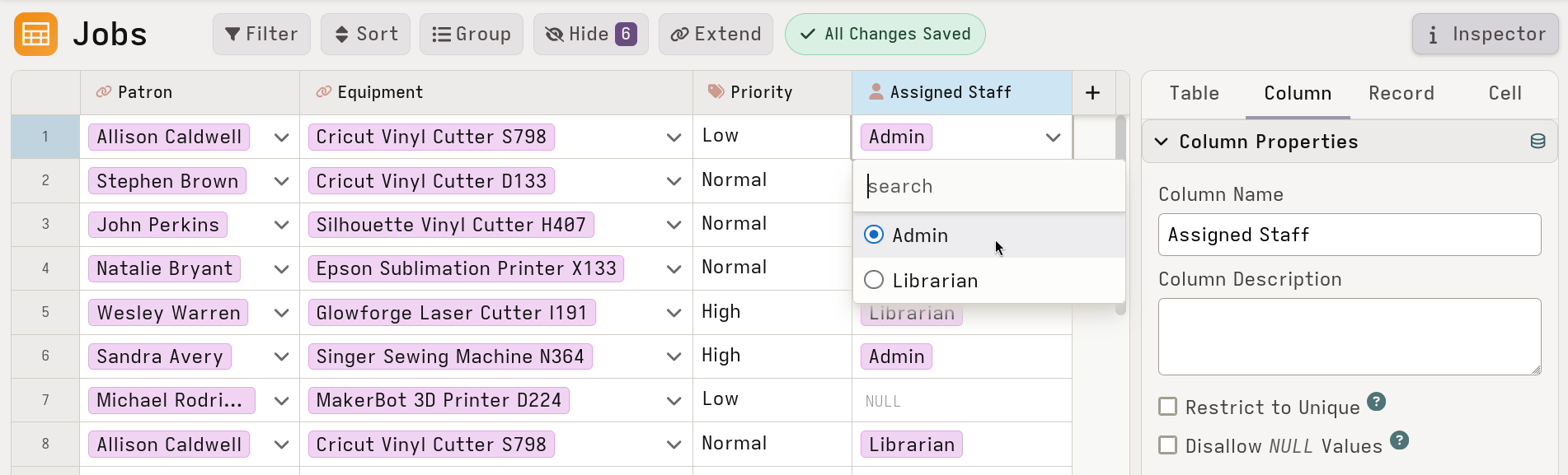 Mathesar UI showing a searchable dropdown for selecting a user in a User-typed cell.