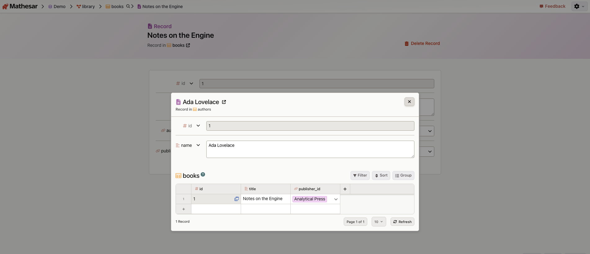Mathesar quick-view modal showing an author record and its related books across schemas.