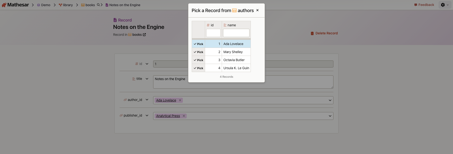 Mathesar linked-record picker showing author records from a different schema.