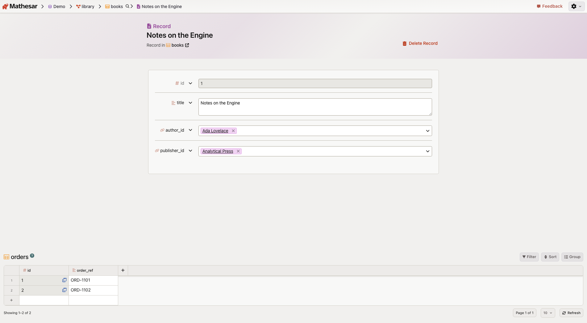 Mathesar record page showing a book linked to an author and publisher, with related orders shown below.