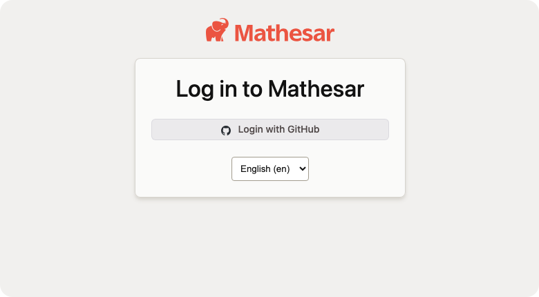 Mathesar login screen with only a Login with GitHub button and a language selector visible.