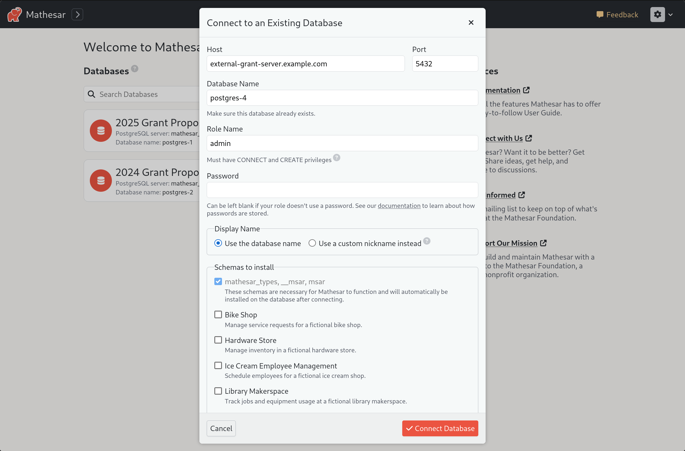 A screenshot showing passwordless connection options in Mathesar.