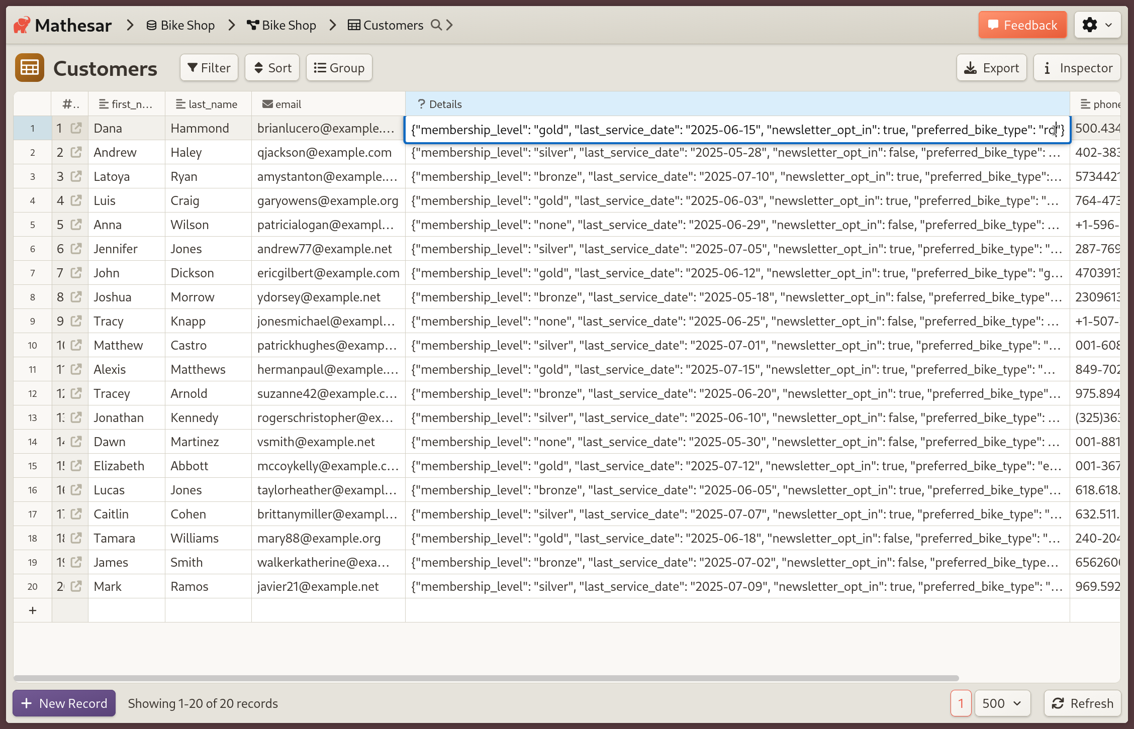 JSON in table page