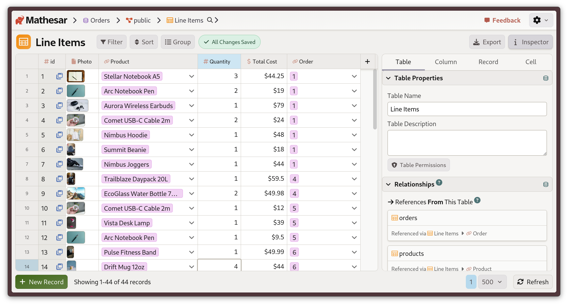 A Mathesar screenshot showcasing the new light mode