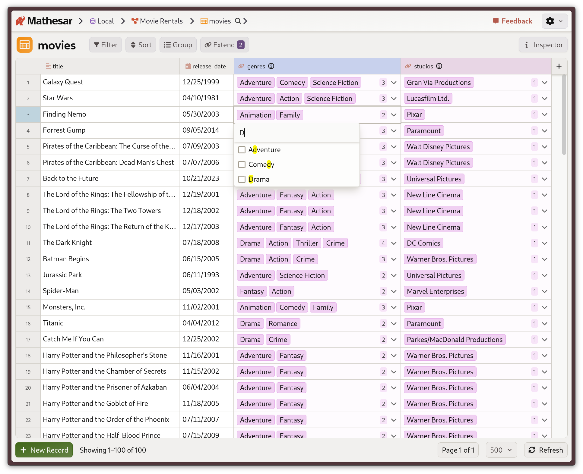 Extending the Movies table with genres from a related table