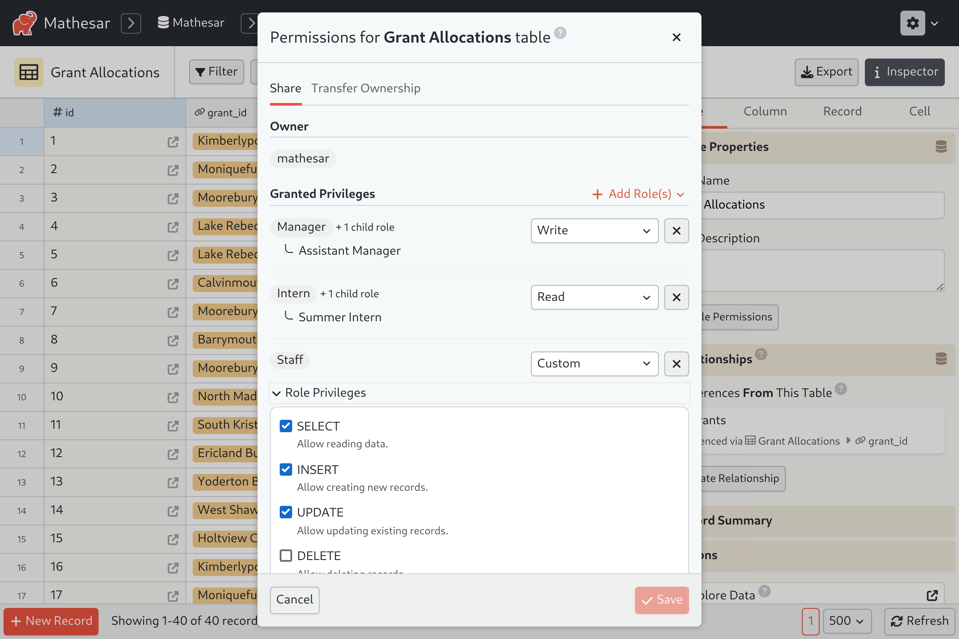 A screenshot of Mathesar's UI showing the "Permissions" modal for a table, where privleges can be granted to the different database roles.